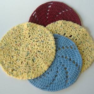 Crocheted Round Dishcloth 7.5”, Maroon Yellow Blue, Kitchen Cleaning, Round Washcloth, Bath Crochet, Choose One