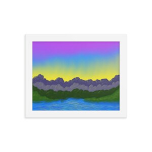 Framed Poster With Abstract Digital Painting of Mountains, Sky and Lake