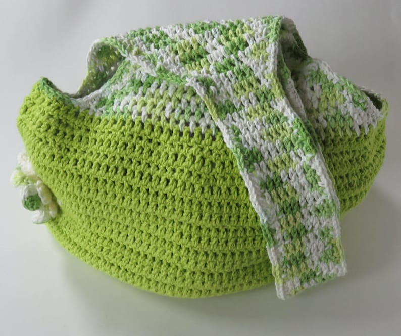 Crocheted Bright Green Hobo Bag With Flower Long Strap Handmade Hobo Bag Cotton Tote Crochet Purse Hobo Style Bag Hobo Bag Tote