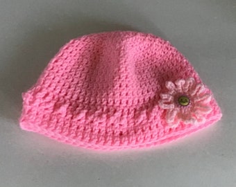 Chapeau rose pour filles au crochet avec fleur, bonnet fait à la main, bonnet au crochet, lavable, doux, facile d’entretien