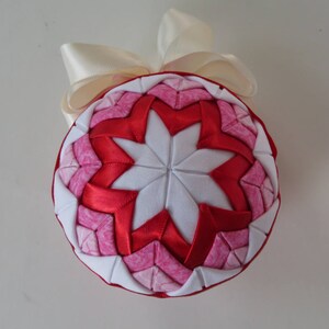 Quilted Ornament Ball, 3.5&quot; Fabric Ornament, Ornament Ball With Cream Colored Ribbon, White Shiny Red Pink Ornament, No Sew Ornament Ball