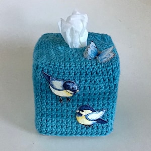 Crocheted Tissue Box Cover, Blue Gradient, Birds And Butterfly Decals