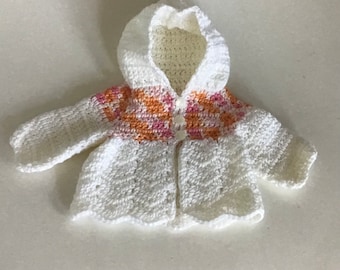 Crocheted White Baby Sweater, Preemie or Doll Baby Sweater, Hooded Baby Sweater, Small Baby Girl Sweater, Baby Shower Gift, Baby Cardigan