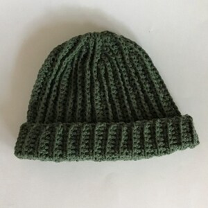 Handmade Crocheted Green Beanie: Soft Acrylic Hat