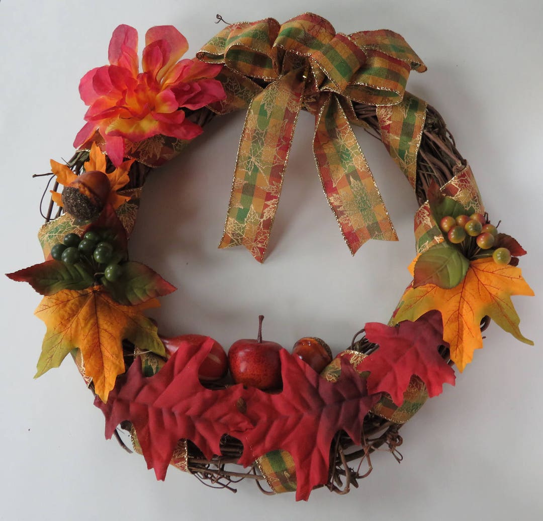 Fall Grapevine Wreath 13", Autumn Door Decor, Orange Red Yellow Wreath ...