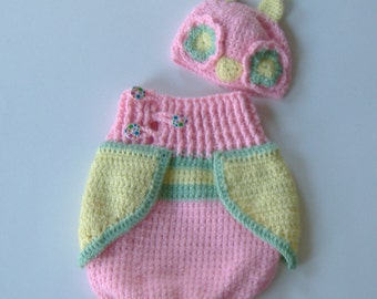 Crochet Owl Cocoon Set, Pink Yellow Green, Girl Baby Sleep Sack, Baby Photo Prop