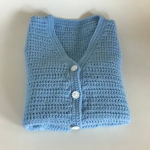 Crocheted Women’s Light Blue Vest 22”x21” With Pockets, White Sunflower Buttons, Gift For Her