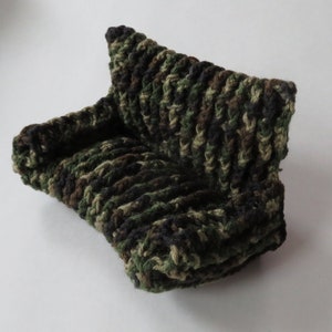 Crocheted Green Stuffed 7” Couch, Miniature Soft Sofa, Doll Couch, Decorative Miniature Furniture