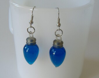 Blue Christmas Bulb Earrings, Blue Christmas Tree Light Earrings, Fish Hook Earrings, Blue Light Bulb Poerced Earrings