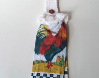 Crocheted White Towel Topper With Loop, Rooster Theme Towel Holder, Country-Style, Interchangeable, Kitchen Accessory, Stove Handle Hanger