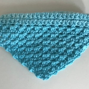 May include: A light blue crocheted triangle scarf with a textured pattern.