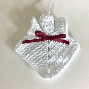 Crocheted Angel Ornament, White With Burgundy Ribbon, Holiday Decor