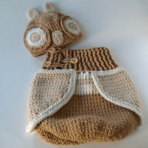 Crochet Owl Cocoon Set For Baby, Woodsy Light Brown, Neutral Color Outfit, Crochet Wrap, Photo Prop image 1