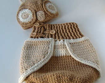 Crochet Owl Cocoon Set For Baby, Woodsy Light Brown, Neutral Color Outfit, Crochet Wrap, Photo Prop