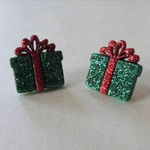 Sparkly Green Christmas Present Earrings, Glittery Earrings, Pierced Green and Red Earrings, Gold Toned Post Earrings