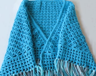 Crocheted Sky Blue Shawl With Variegated Tassels, 60 Inches Wide By 36 Inches Long, Women’s Triangle Shawl, Crocheted Wrap, Gift For Her