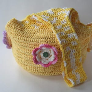 Crocheted Bright Yellow Hobo Bag With Flowers, Long Strap, Handmade Purse, Cotton Tote, Made To Order