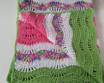 Crochet Baby Blanket 42”x33”, Soft, Green And Pink Wavy Stripes Cover, Baby Shower Gift