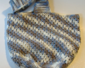 Bolso grande de crochet gris, blanco y azul, regalo para ella, bolsa de compras, bolsa de la compra hecha a mano