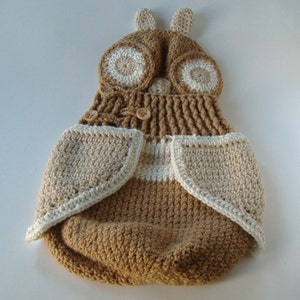 Crochet Owl Cocoon Set For Baby, Woodsy Light Brown, Neutral Color Outfit, Crochet Wrap, Photo Prop image 4