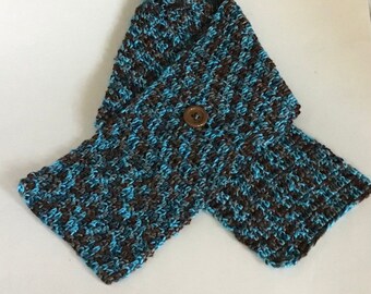 Crocheted Brown And Blue Scarf With Button 42”X7”, Gift For Her