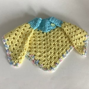 Crocheted Baby Poncho, Yellow And Blue Shawl, Heart Button