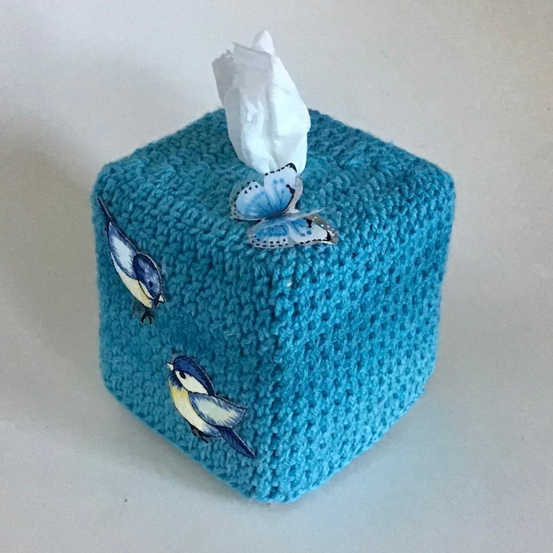 Crocheted Tissue Box Cover, Blue Gradient, Birds and Butterfly Decals ...