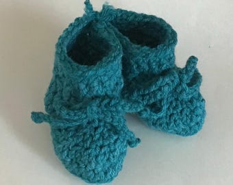 Crocheted Baby Booties, Blue Green Acrylic Infant Slippers, 3-6 Months