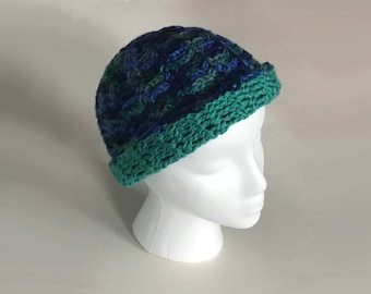 Crocheted Reversible Beanie Hat, Blue And Green, Washable, Soft, Easy Care