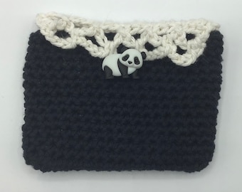 Crocheted Black Change Purse With Panda Button, Small Coin Pouch 4.5”X3.5”