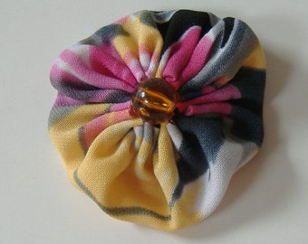 Fabric Yoyo Puff Hair Clip, 2 Inch Round Barrette With Orange Bead, Yellow Pink Black Repurposed Fabric