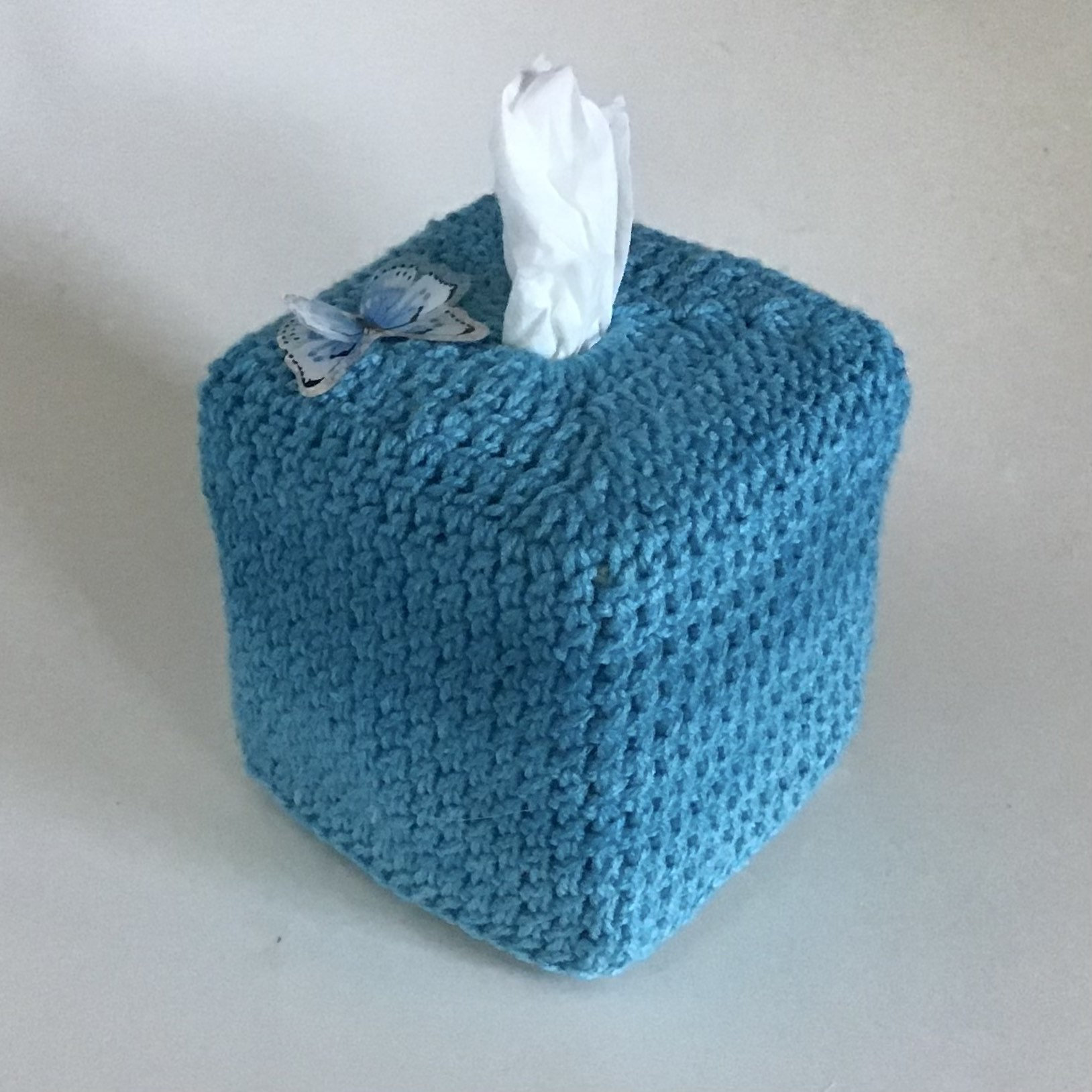 Crocheted Tissue Box Cover, Blue Gradient, Birds and Butterfly Decals ...