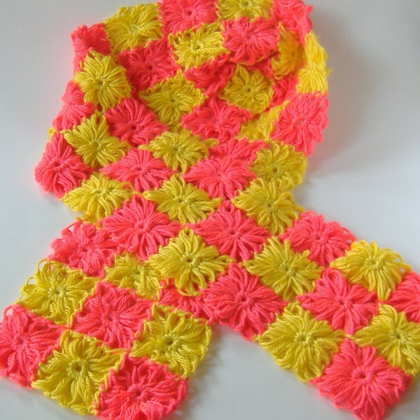 Pink Yellow Checkered Scarf, Knit-Wit Rosette Neck Accessory With Bright Colors, Yarn Flower Squares, Fun Accent Scarf