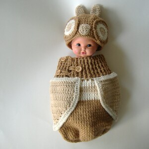 Crochet Owl Cocoon Set For Baby, Woodsy Light Brown, Neutral Color Outfit, Crochet Wrap, Photo Prop image 2