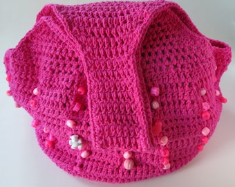 Crocheted Raspberry Hobo Bag With Beads, Short Strap Shoulder Bag, Reusable Cotton Market Tote, Handmade Purse, Pink Fashion