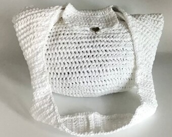 Crochet White Hobo Bag With Flap, Silver Heart Button, Large Crossbody Purse, White Tote, White Fashion, Gift For Her