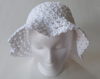 Crocheted White Blooming Sun Hat, Handmade Woman’s Floppy Hat, Gift For Her
