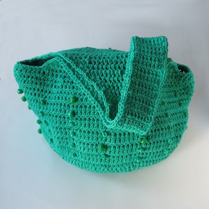 Green Hobo Bag With Long Strap With Beads, Crochet Hobo Style Bag, Green Fashion, Handmade Market Bag, Crochet Crossbody Purse