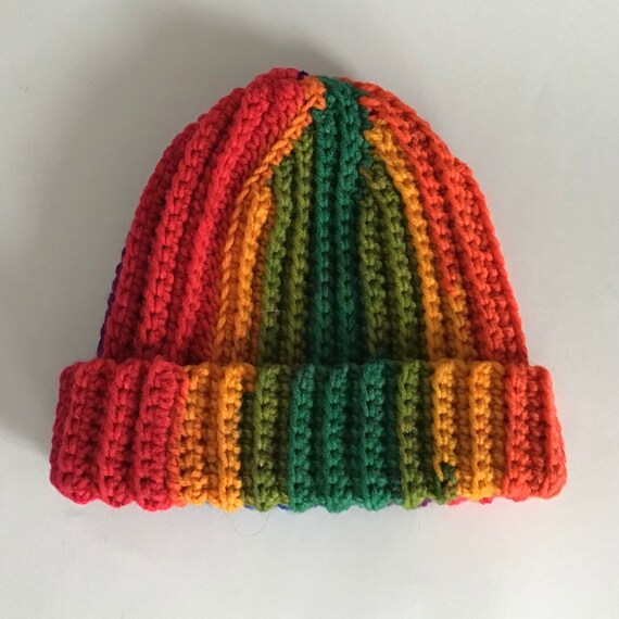 Handmade Crocheted Rainbow Beanie Hat, Colorful Acrylic Cap  display picture 1