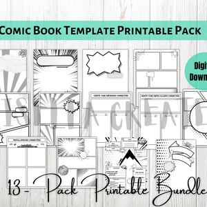 May include: A printable pack of 13 comic book templates. The templates are black and white and feature various comic book elements, such as speech bubbles, sound effects, and action lines. The text on the image reads "Comic Book Template Printable Pack" and "13 - Pack Printable Bundle".