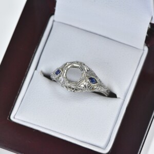 18K Art Deco Filigree Sapphire Engagement Setting Ring Size 7.5 White Gold