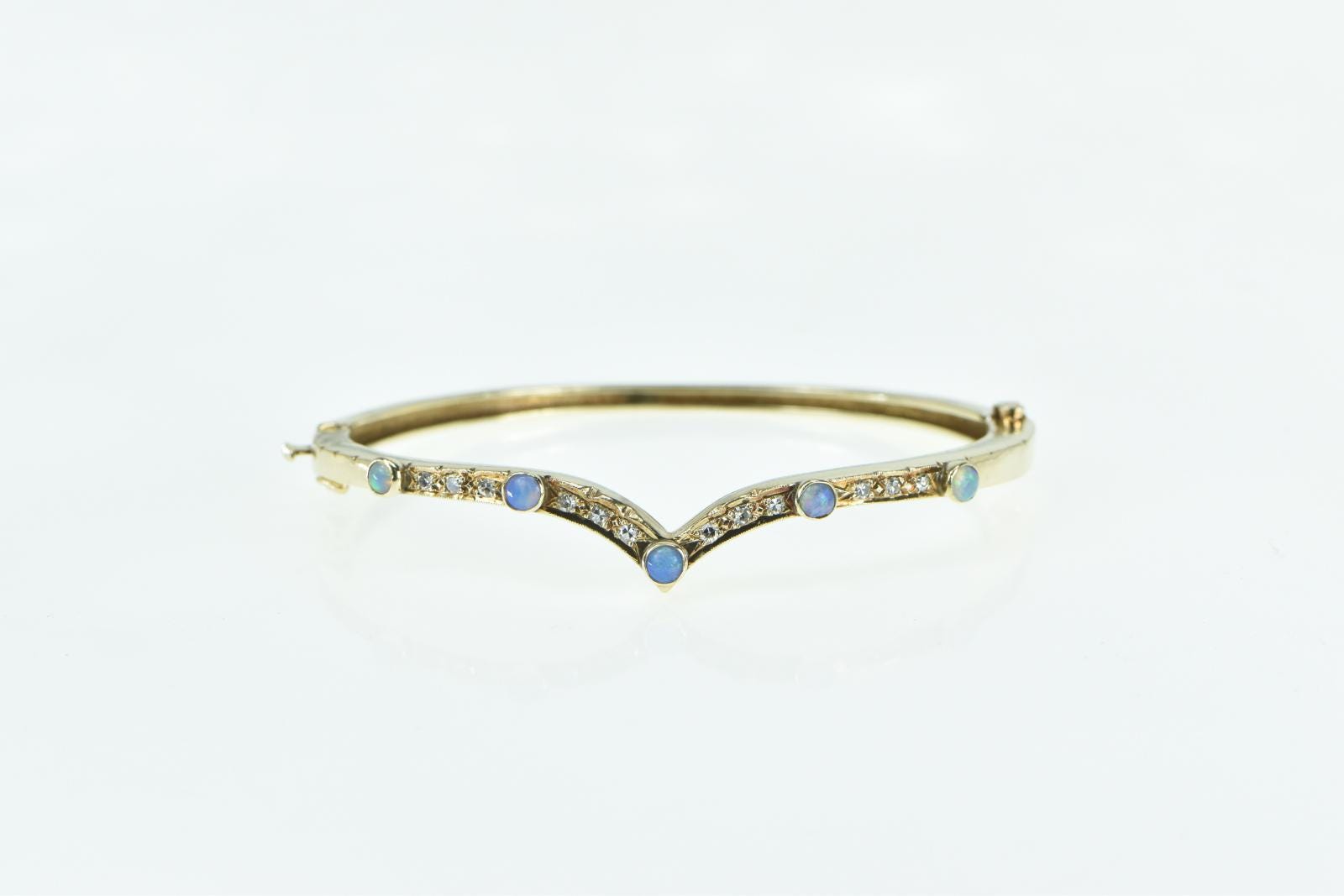 14K Chevron Opal Diamond Ornate Vintage Bangle Bracelet 6.25" Yellow Gold
