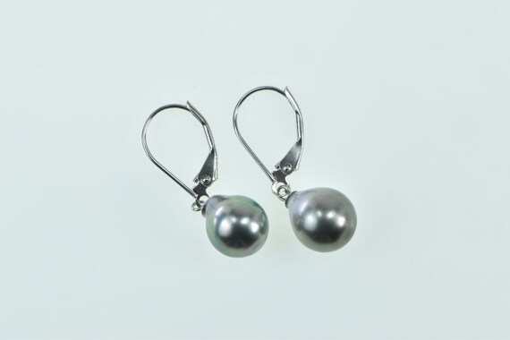 14K 9.4mm Vintage Pearl Diamond Dangle Earrings W… - image 2