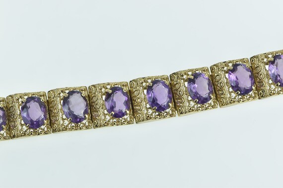 14K Oval Amethyst Ornate Filigree Squared Bracele… - image 2