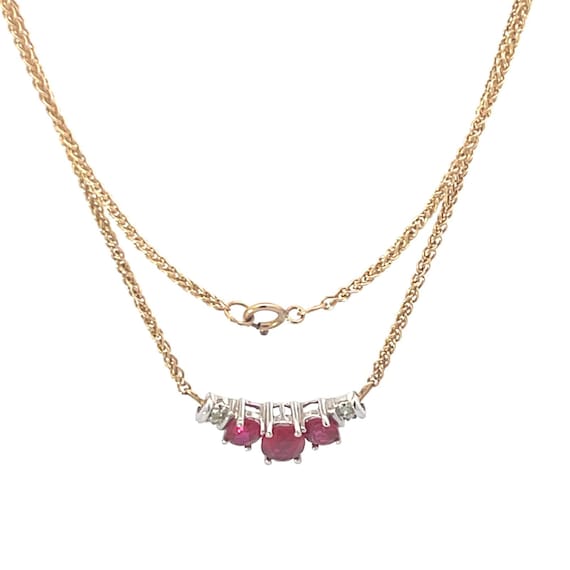 10K Three Stone Syn. Ruby Diamond Chain Necklace … - image 1