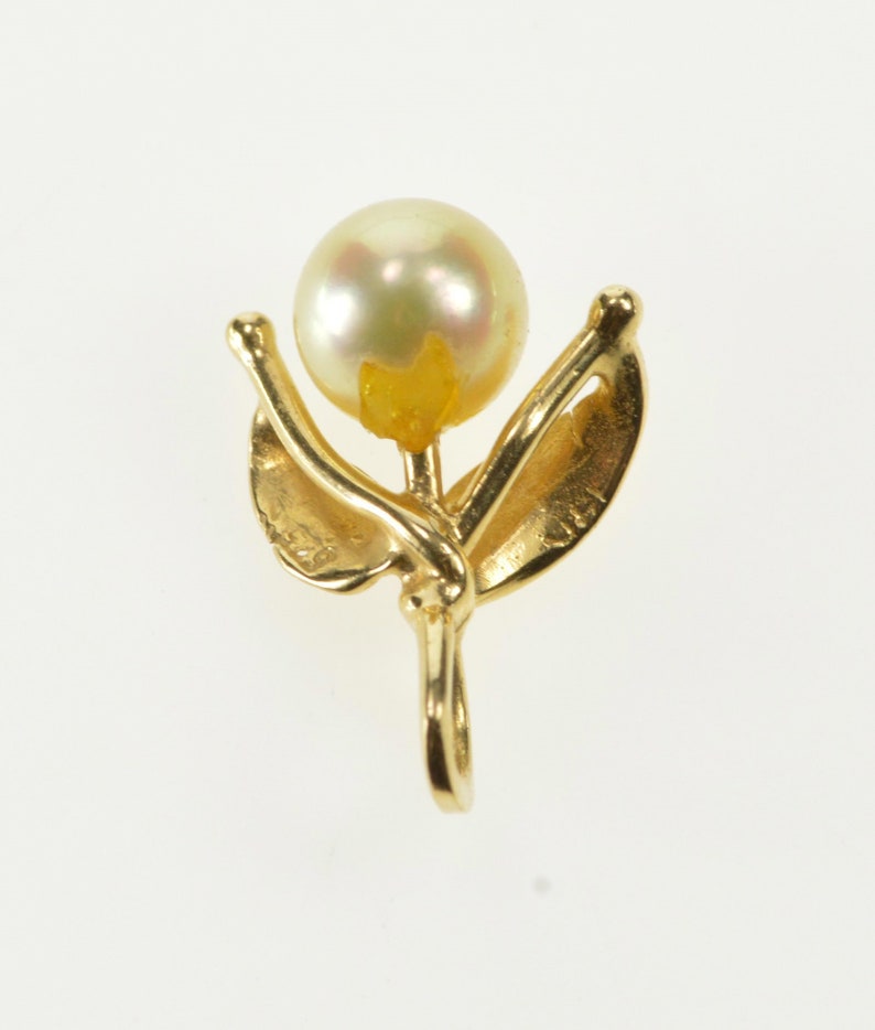 14K 3D Leaf Accent Pearl Retro 1960/'s Pendant Yellow Gold