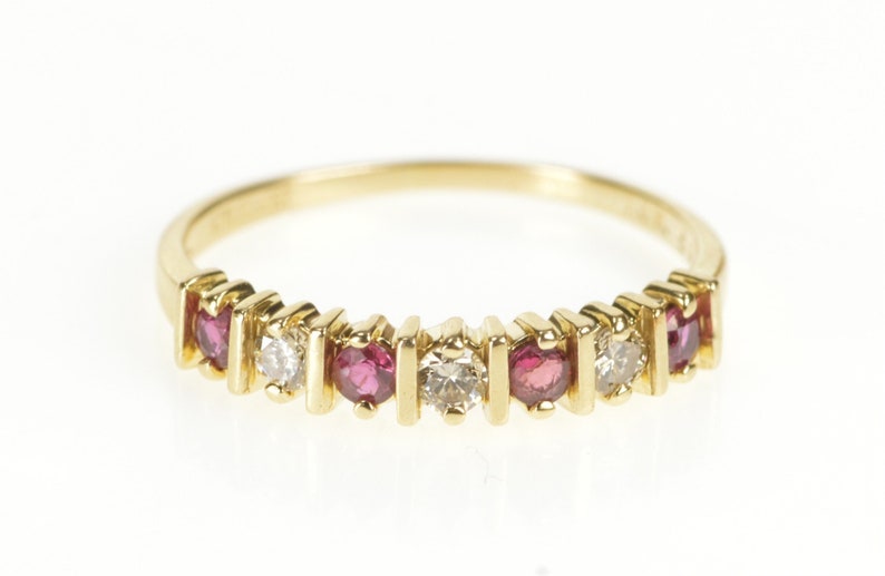 14K Ruby Diamond Bar Channel Wedding Band Ring Size 8 Yellow Gold