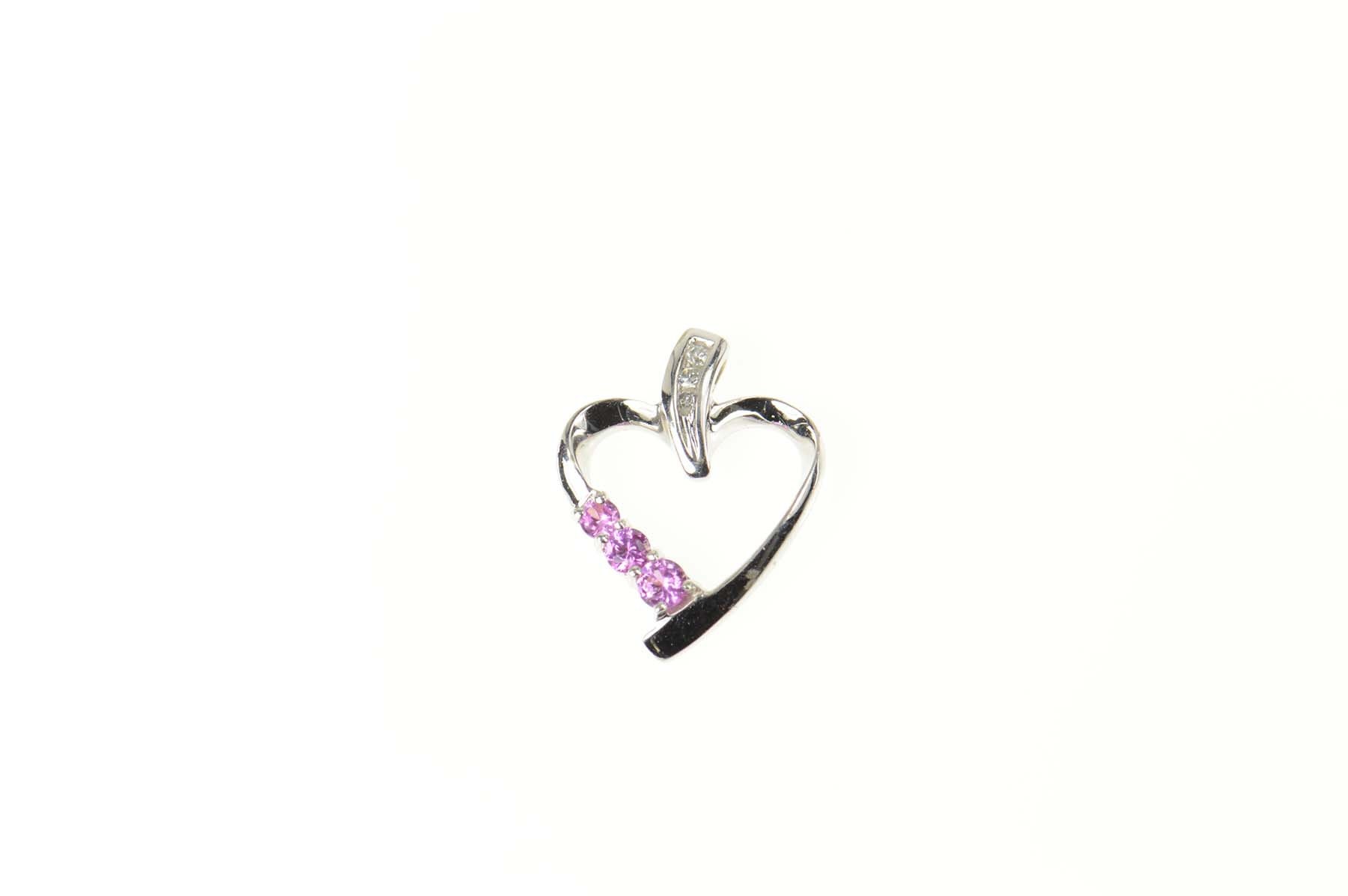 10K Solid White Gold Round Pink Sapphire & Diamond Accent Ribbon Heart Pendant