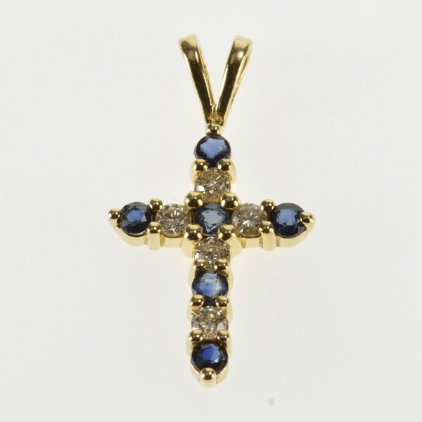10K 0.33 Ctw Sapphire Diamond Cross Christian Symbol Pendant Yellow Gold