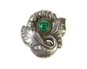 Sterling Silver Georg Jensen Green Agate Ornate Leaf 71 Pin/Brooch
